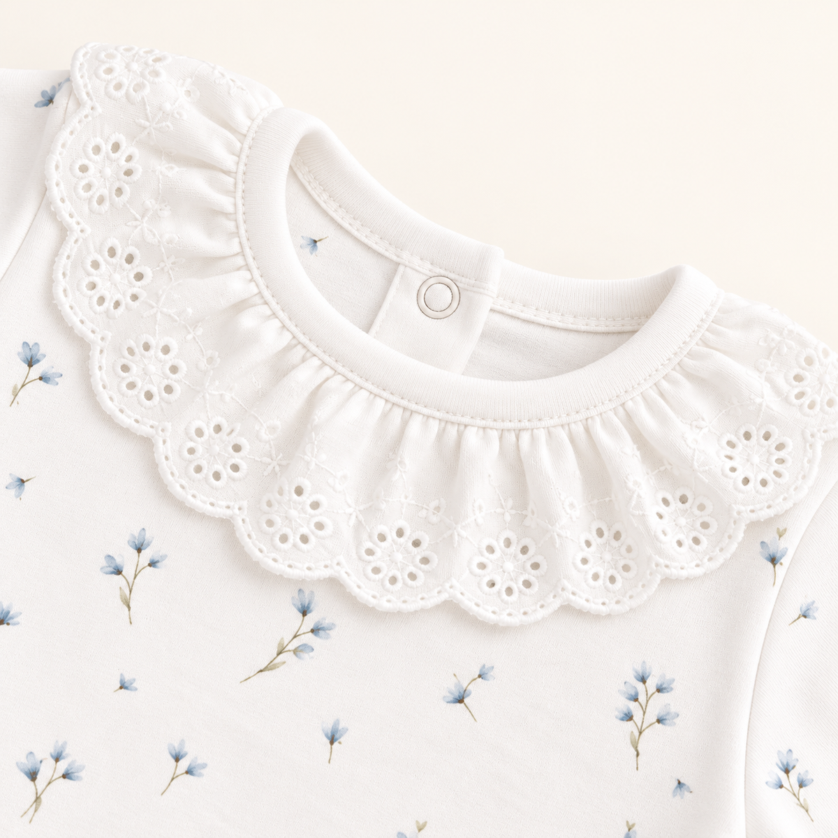 Detalle cuello broderie Detalle cuello broderie con volado calado y estampado floral azul en body para bebé – Rikury