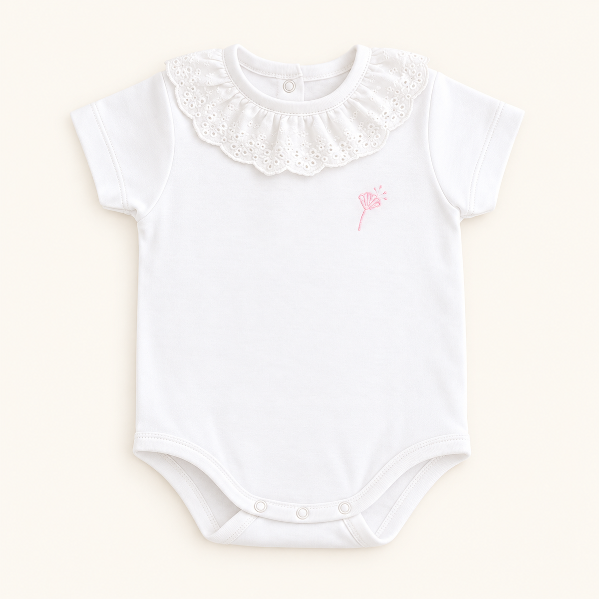 Body broderie blanco algodón Pima para bebé niña – vista frontal completa, Rikury