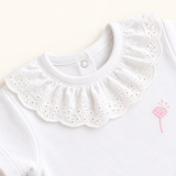 Detalle cuello broderie	Detalle cuello broderie con volado y bordado floral en body blanco para bebé – Rikury
