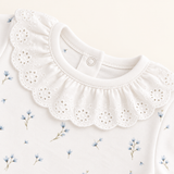 Detalle cuello broderie Detalle cuello broderie con volado calado y estampado floral azul en body para bebé – Rikury