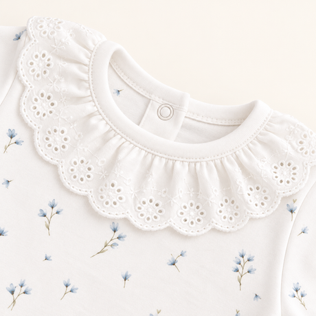 Detalle cuello broderie Detalle cuello broderie con volado calado y estampado floral azul en body para bebé – Rikury