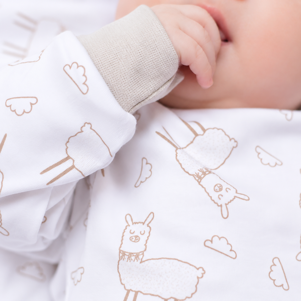 Detalle manga con puño gris Pijama Llamita Gris bebé — algodón Pima Rikury
