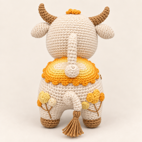 Torito de Pucará beige visto de espaldas, mostrando los detalles de su acabado.⠋
