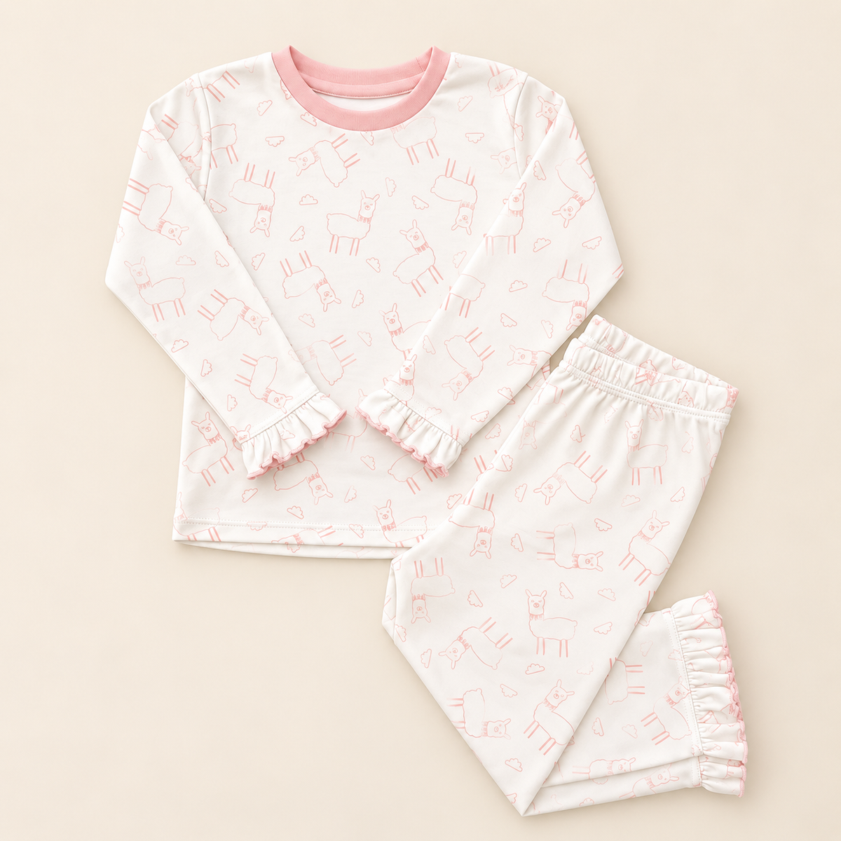 Pijama Llamita Rosa para niña, conjunto de dos piezas extendido — Rikury