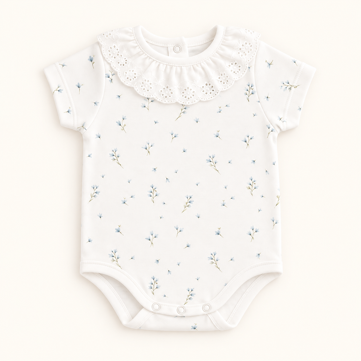 Body broderie floral azul algodón Pima para bebé niña – vista frontal completa, Rikury