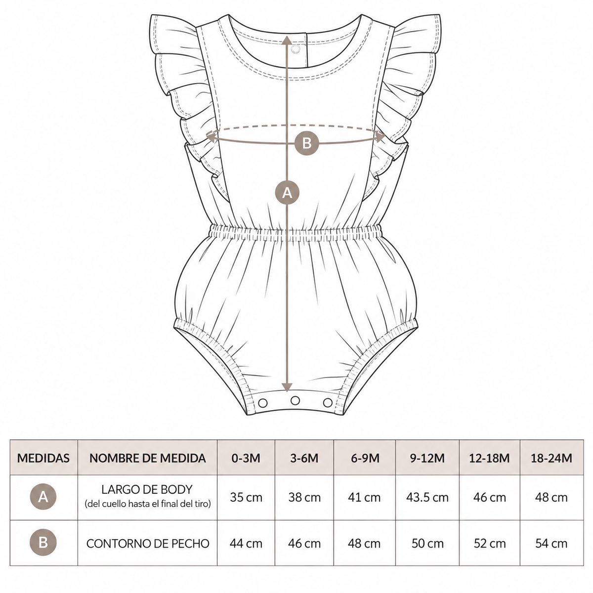 Guia de tallas del Body Volantes de estampado ratona- Rikury