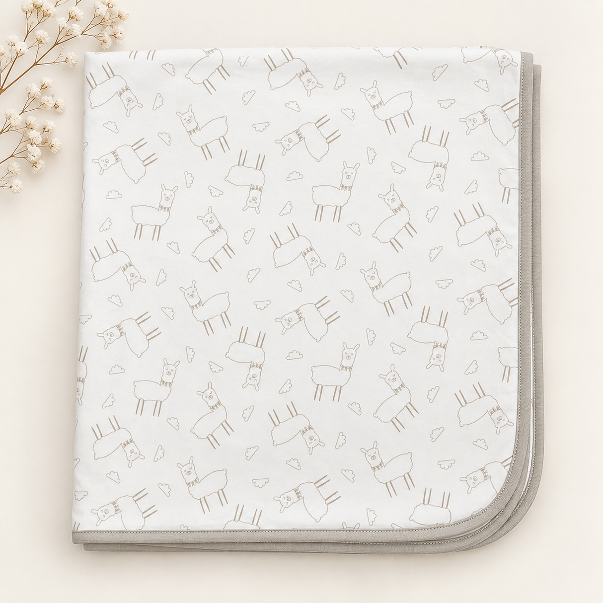 Manta Llamita Gris bebé extendida 75x80cm — estampado llamitas unisex algodón Pima | Rikury Baby