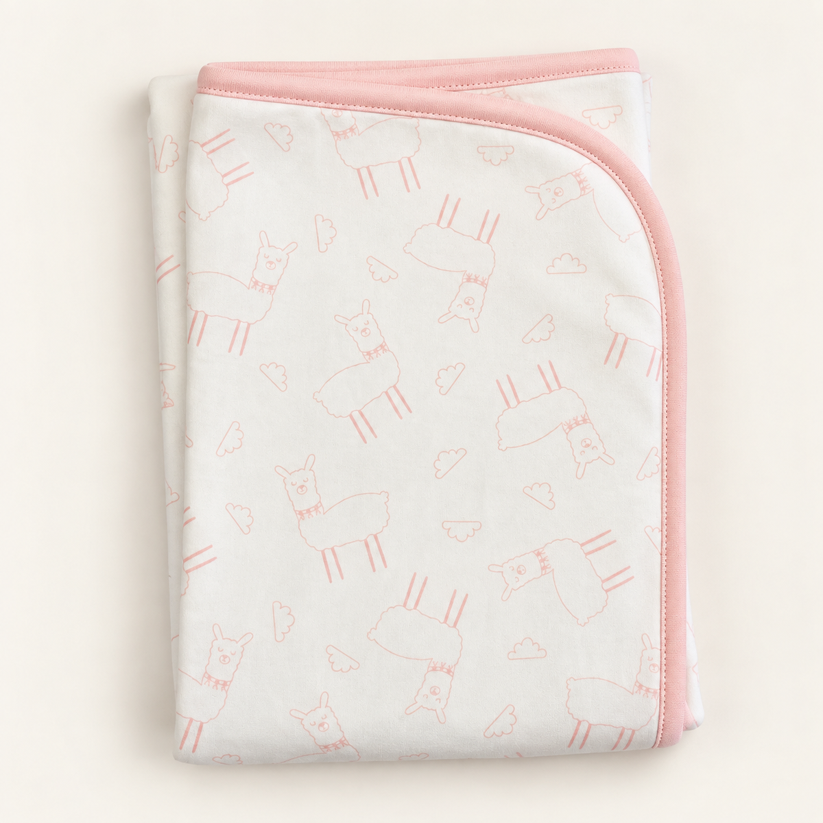 Manta Llamita Rosa bebé doblada — estampado llamitas algodón Pima peruano cara exterior | Rikury Baby