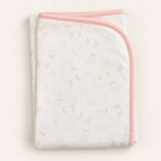 Manta Llamita Rosa bebé doblada — estampado llamitas algodón Pima peruano cara exterior | Rikury Baby