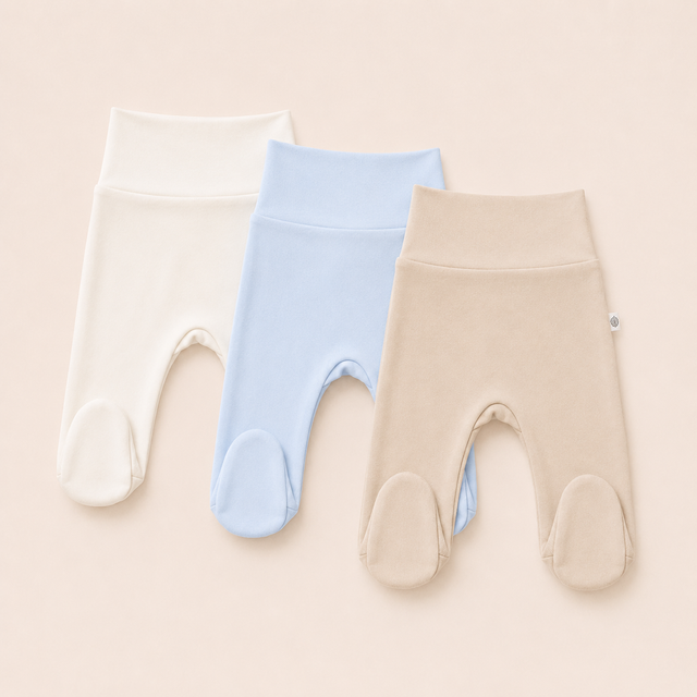Pack x3 pantalones pretina ancha bebé – ivory, celeste y avena – algodón Pima peruano | Rikury