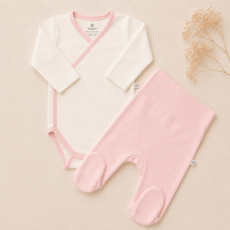 Set esencial bebé rosa — body kimono y pantalón pretina ancha algodón Pima | Rikury Baby